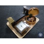 A tray of leather cased Canon binoculars, Tempus Fugit clock, oak barometer,