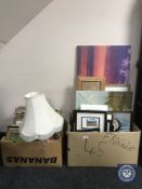 Two boxes of assorted framed pictures, prints, wall canvasses,