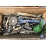 A pine tool box containing hand tools