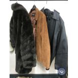 Two gent's leather jackets and a simulated fur coat