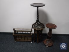 An oak magazine rack, mahogany plant stand,