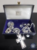 A box of sterling silver jewellery, rings, cross on chain,