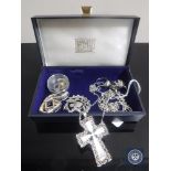 A box of sterling silver jewellery, rings, cross on chain,