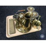 A tray of brass ware, Art Nouveau jug, brass cribbage board, kettle,