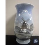 A Bing and Grondahl vase depicting a windmill, height 30 cm.