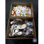 Two boxes of twentieth century china and glass ware, children's toys.