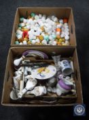 Two boxes of twentieth century china and glass ware, children's toys.