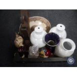 A box containing glass decanter and stopper, conch shell, Maling trumpet vase,