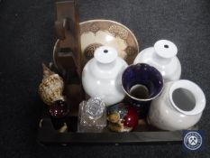 A box containing glass decanter and stopper, conch shell, Maling trumpet vase,
