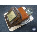 A tray of Art Deco oak barometer, silver plated gallery tray,