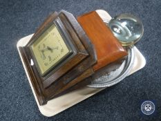 A tray of Art Deco oak barometer, silver plated gallery tray,