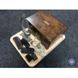 A tray of Victorian rosewood sewing box, metal framed dressing table mirror, vintage spectacles,