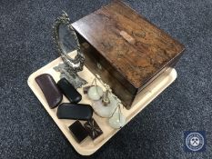 A tray of Victorian rosewood sewing box, metal framed dressing table mirror, vintage spectacles,