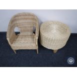 A wicker child's chair and a circular stool