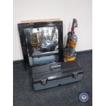 A Dyson DC24 vacuum together with two framed mirrors and tool box containing cassettes,