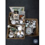 Three boxes of assorted china, elephant figures, Oriental style lamp etc.