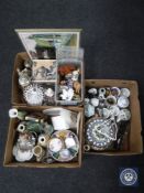 Three boxes of assorted china, elephant figures, Oriental style lamp etc.