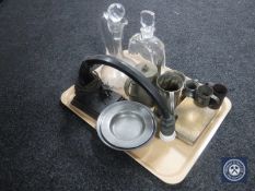 A tray of two twentieth century glass decanters with stoppers,