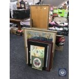 A gilt framed hall mirror and five framed pictures