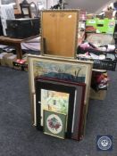 A gilt framed hall mirror and five framed pictures