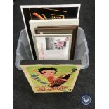 A box of Betty Boop canvas, Sunderland Newcastle facsimile match day signatures,