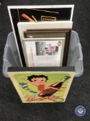 A box of Betty Boop canvas, Sunderland Newcastle facsimile match day signatures,
