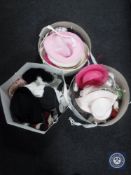 Three hat boxes containing assorted lady's hats