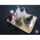 A tray of two Kowa bird figures , Pheasant and Common Partridge,