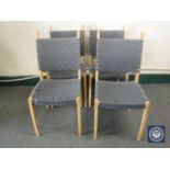 Four pine framed Mobelsnedkeri dining chairs in webbed fabric