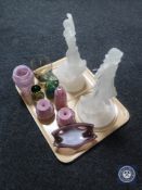A tray of two contemporary Deco figures, glass perfume bottles, Mdina paperweight etc.