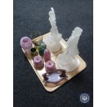 A tray of two contemporary Deco figures, glass perfume bottles, Mdina paperweight etc.