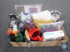 A box of household sundries, cleaning products, electricals,