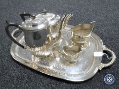 A four-piece Walker & Hall plated tea service on plated twin-handled tray