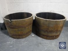 Two oak coopered barrel planters