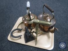 A tray of assorted metal ware including kettles,