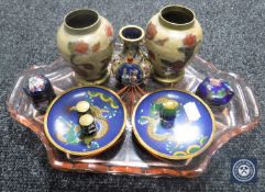 Eight pieces of cloisonne ware to include shallow dishes, lidded trinket box, thimble etc,