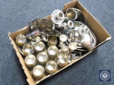 A box of 20th century plated wares including tankards, goblets,