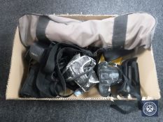 A box of assorted cameras including Nikon, Olympus and Minolta with lens, camera cases,
