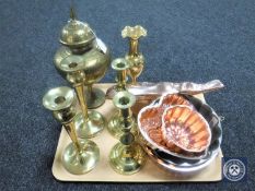 A tray of two pairs of brass candlesticks, brass vase, Eastern brass lidded pot,