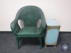 A loom glass topped linen box and a wicker armchair
