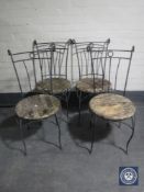 A set of four metal wooden seated garden chairs together with a metal table frame