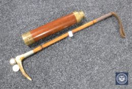 An antler-handled riding crop together with a telescope with brass mounts