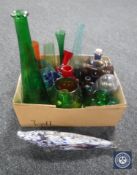 A box of a quantity of late 20th century coloured glass vases,