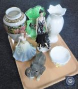 A tray containing Aynsley and Wedgwood vases, Maling lustre jug, Art Deco figure,