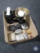 A box of vintage kitchen scales and weights, trinket boxes, pewter lidded dish,