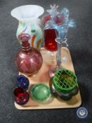 A tray of coloured glass ware - Murano art glass vase, petrol glass rose bowl,