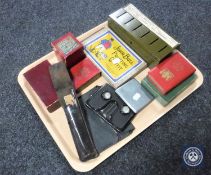 A tray containing vintage boxed Progress Gyroscope Top, printing set, savings banks,