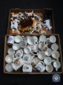 Three boxes of commemorative china, cow creamers,