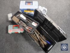 Five plastic tool boxes of assorted hand tools and hardware