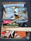 Two boxes of mirror, prints, assorted glass ware, Servis clothes airer,